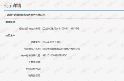 沈陽華潤置地紫云府因開工前未辦理監(jiān)督手續(xù) 被罰款20萬元